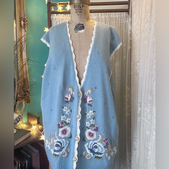 Koret Sweaters - Vintage 1990s Koret Baby Blue Floral Embroidered Vest Cottagecore Size XL